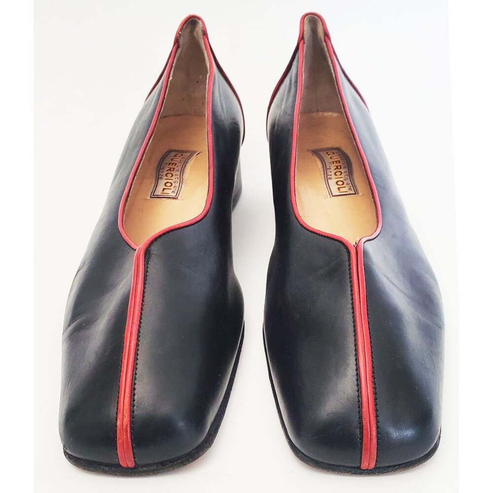 QUERCIOLI Firenze Womens Leather Black with Red Piping Flats Shoes 1" Heel 39